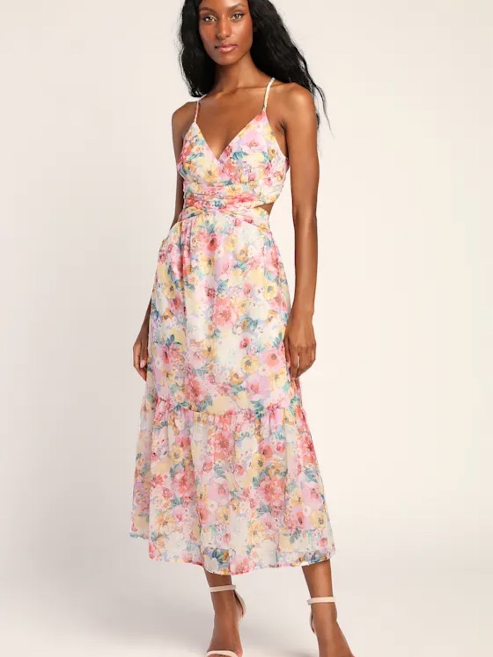 Lulus Flower Fields Floral Midi Dress Women Small Pink Cutout Open Back Wedding